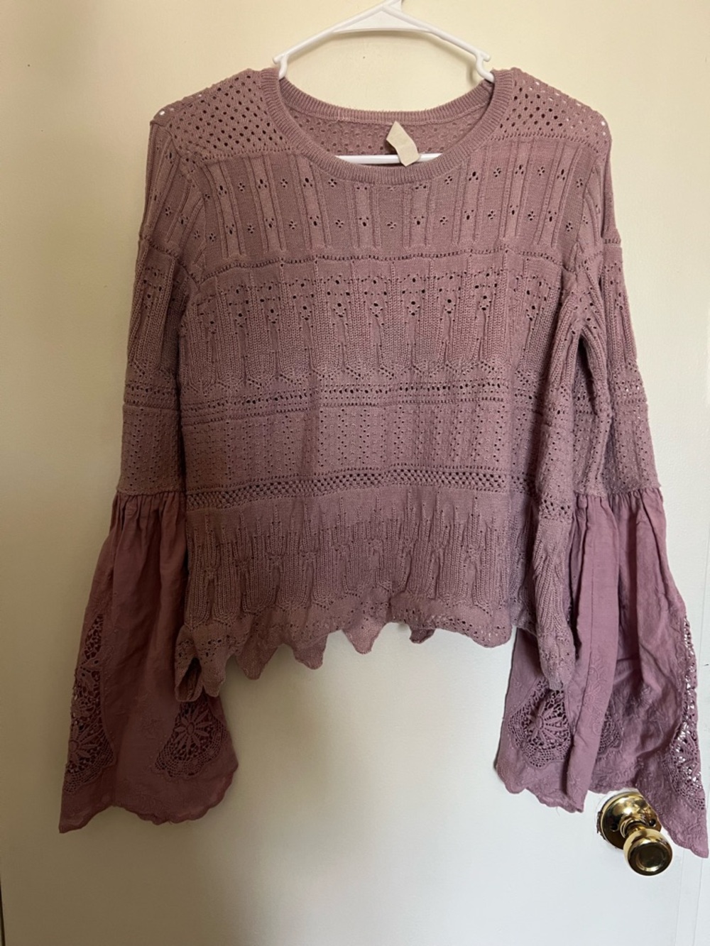 Altar'd State Dusty Mauve Crochet Bell Sleeve Top